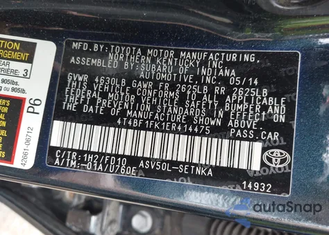 2014 Toyota Camry Le z USA, uszkodzony, nr VIN 4T4BF1FK1ER414475